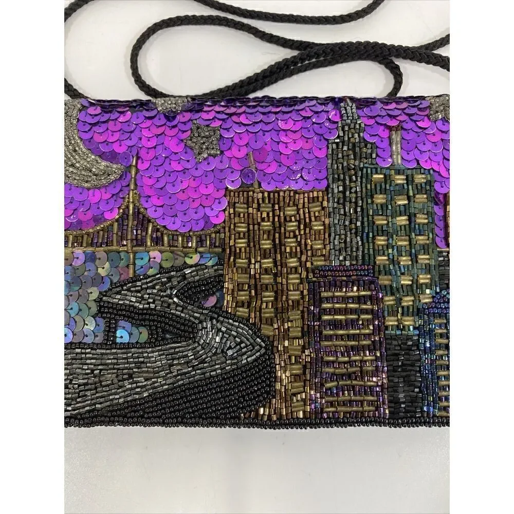 Vtg Formal Clutch Purse Beaded Wearable Art 90s Purple Black City Night Scene